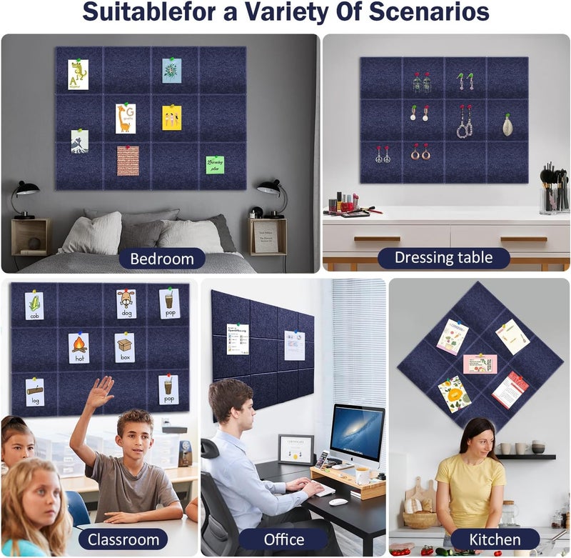 ZHIDIAN Felt Wall Tiles Bulletin Board with Removable Adhesive, 47"x35" Dark Blue Cork Board Alternative with 40 Push Pins, 12 Pack Large Office Cork Tile Push Board Felt Squares for Walls - Image 4